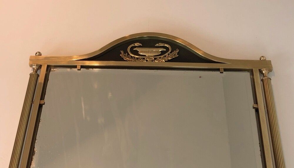 Neoclassical Style Brass And Lacquered Metal Mirror With Cup And Swan Necks. French. Circa 1940 photo furniture