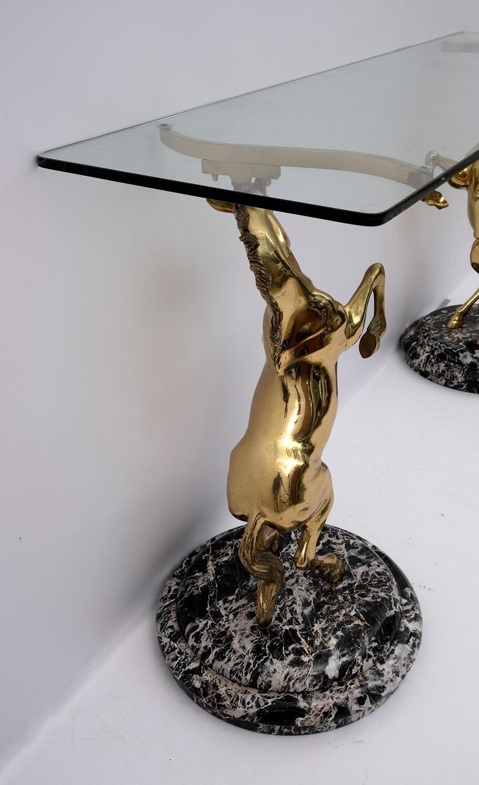 photo for sale Mid Century Modern Italian Brass Horses And Marble Bases Console Table, 1970s
