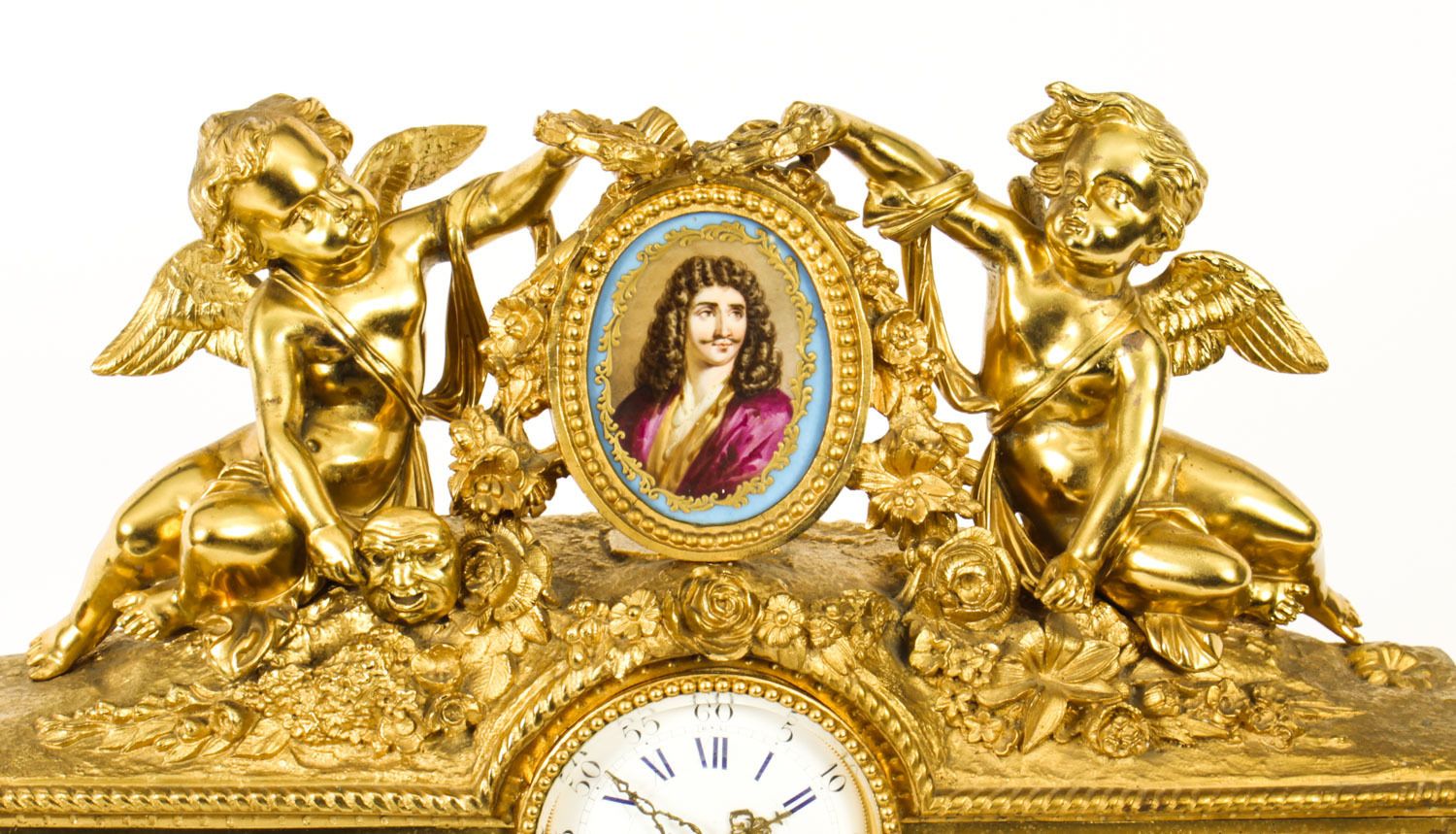 Antique French Gilt Bronze Clock With Portrait Plaque Of Molière C.1860 photo for sale