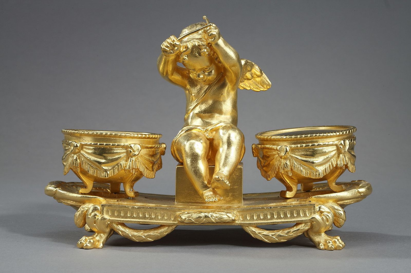Gilt Bronze Inkwell, "L'amour Timbalier", Louis XVI Style photo for sale
