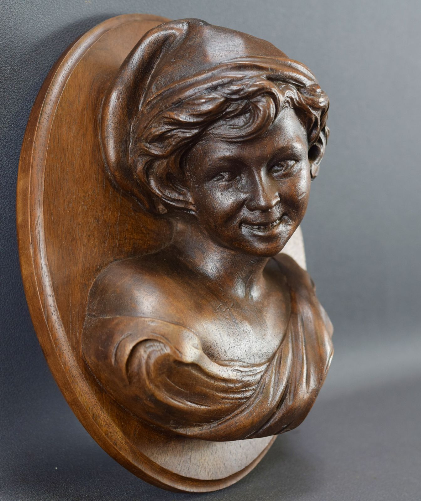 The Laughing Neapolitan Carved Wood Wall Panel Medallion After Jb Carpeaux photo for sale