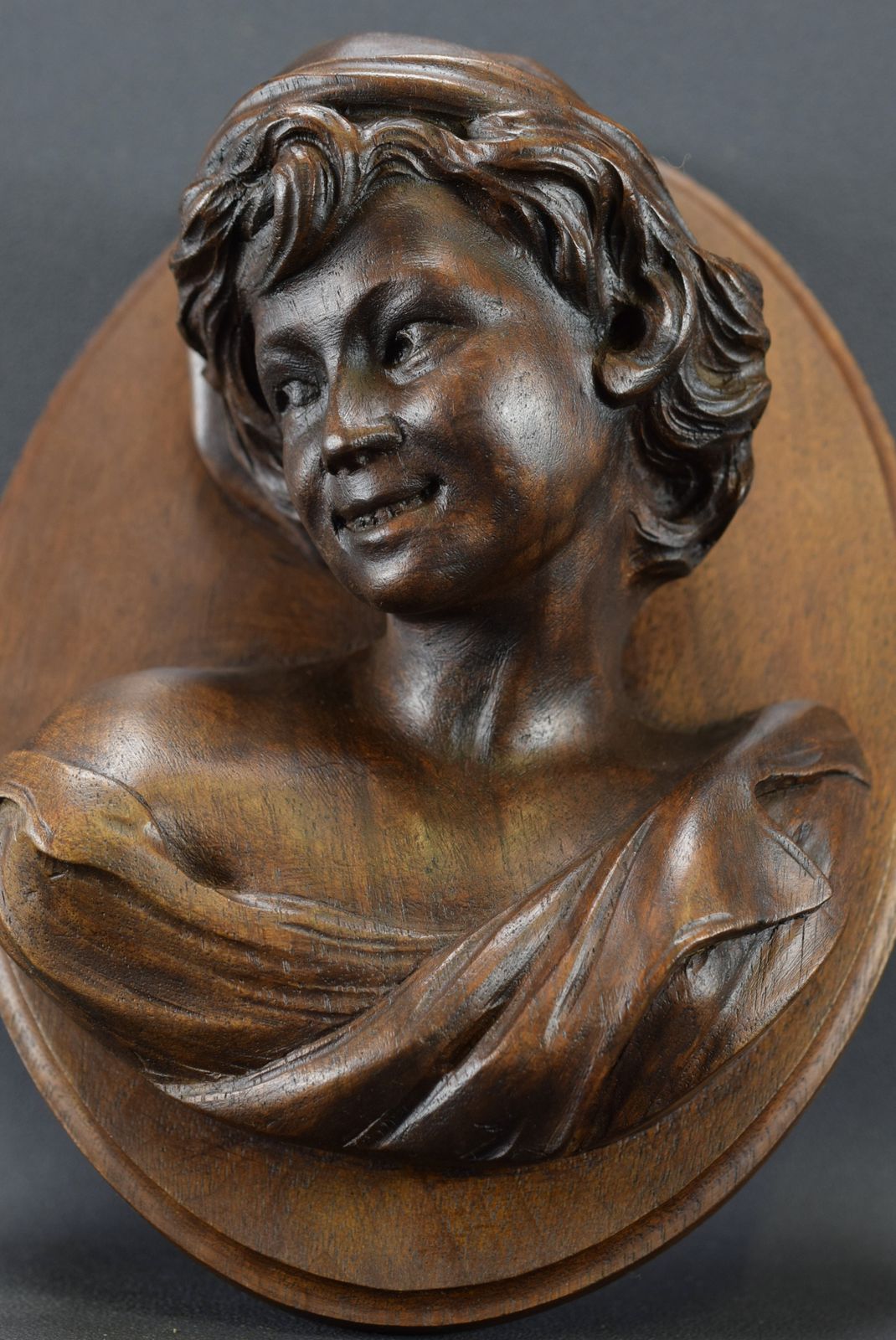 The Laughing Neapolitan Carved Wood Wall Panel Medallion After Jb Carpeaux photo Art