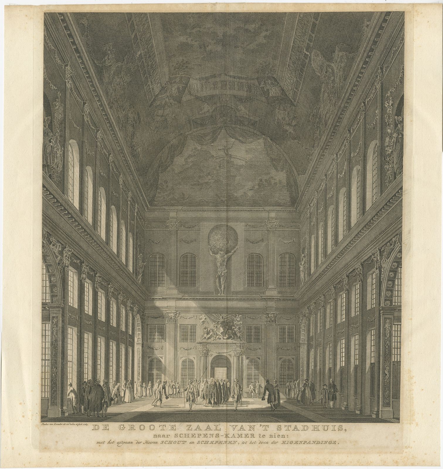 Antique Print Of The Central Hall Of The Royal Palace Of Amsterdam By Van Liender (C.1765)