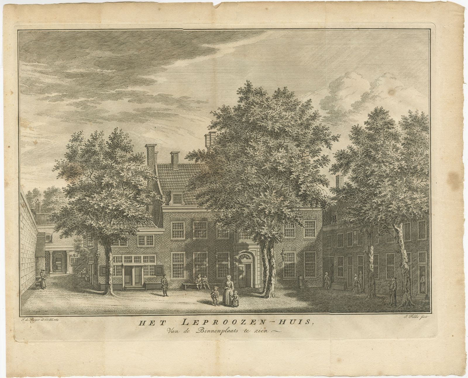 Antique Print Of The Court Of The 'Leprozenhuis' In Amsterdam By Fokke (1765)