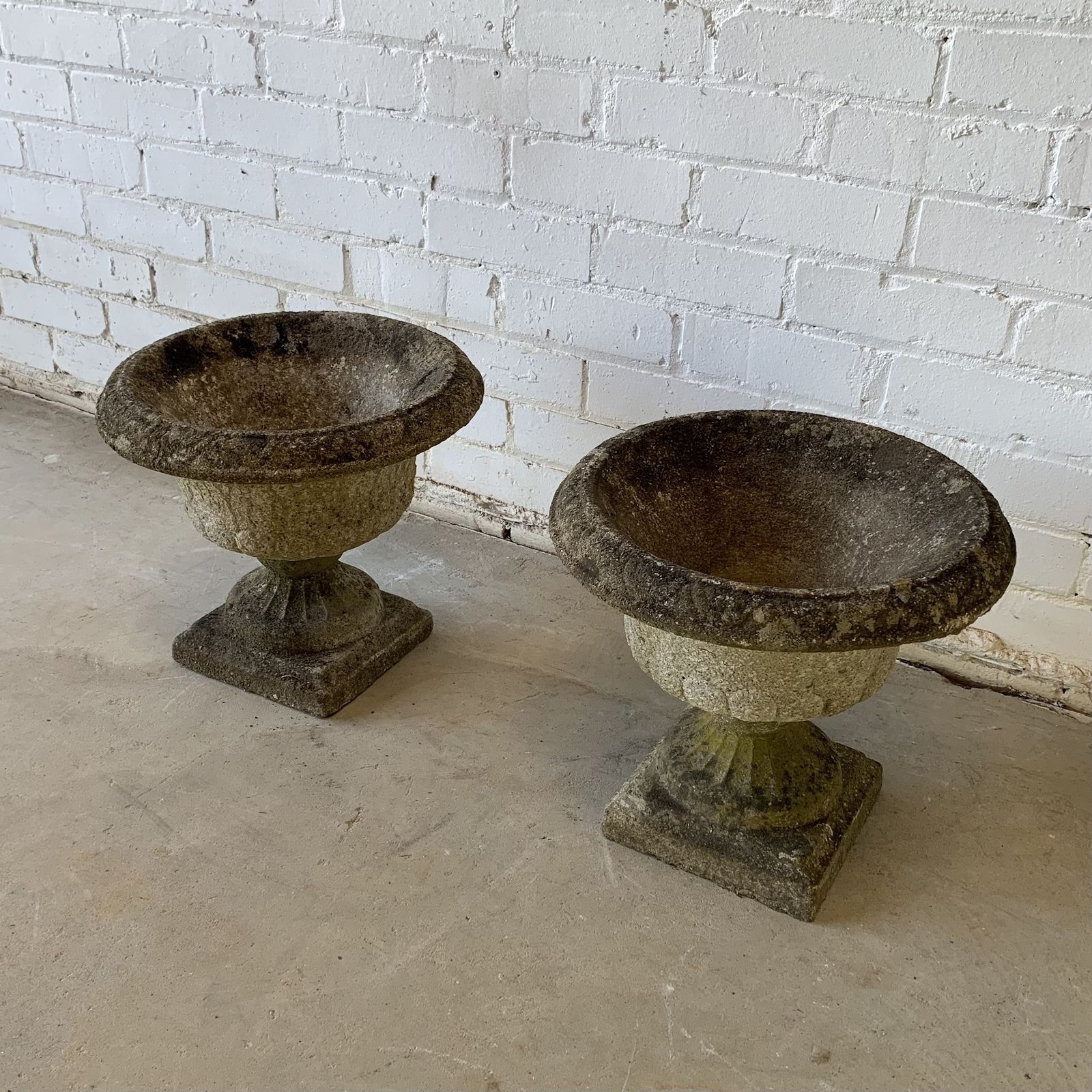 Small Pair Of Weathered Reclaimed Composition Urns photo for sale