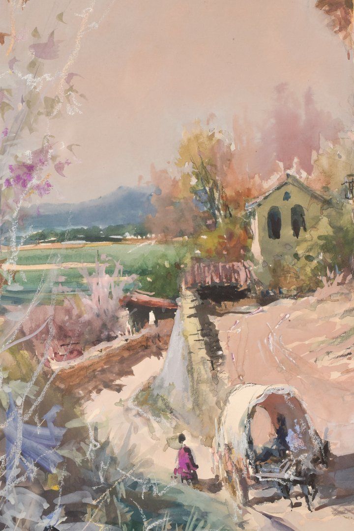 Juan De Palau Buixo – Groot Aquarellandschap Met Kar photo vinterior