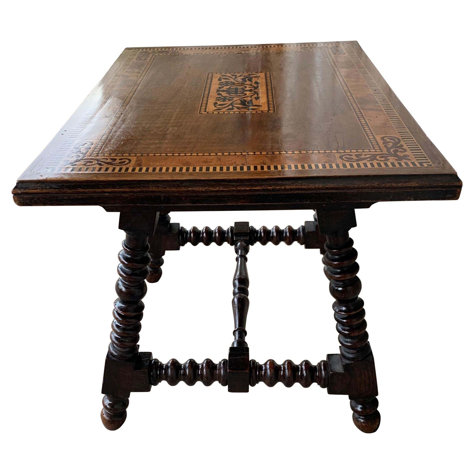 Table d'appoint baroque espagnole, plateau en marqueterie et pieds tournés, XIXe siècle