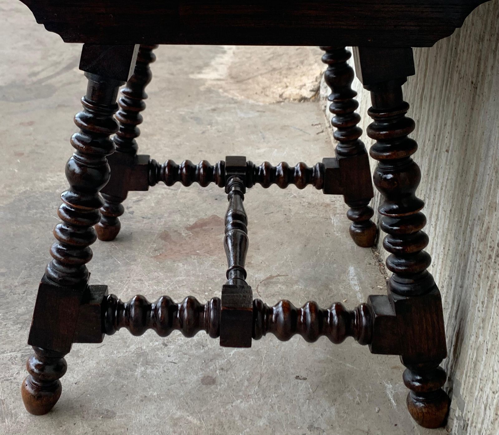 photo for sale 19th Century Baroque Spanish Side Table With Marquetry Top & Turned Legs