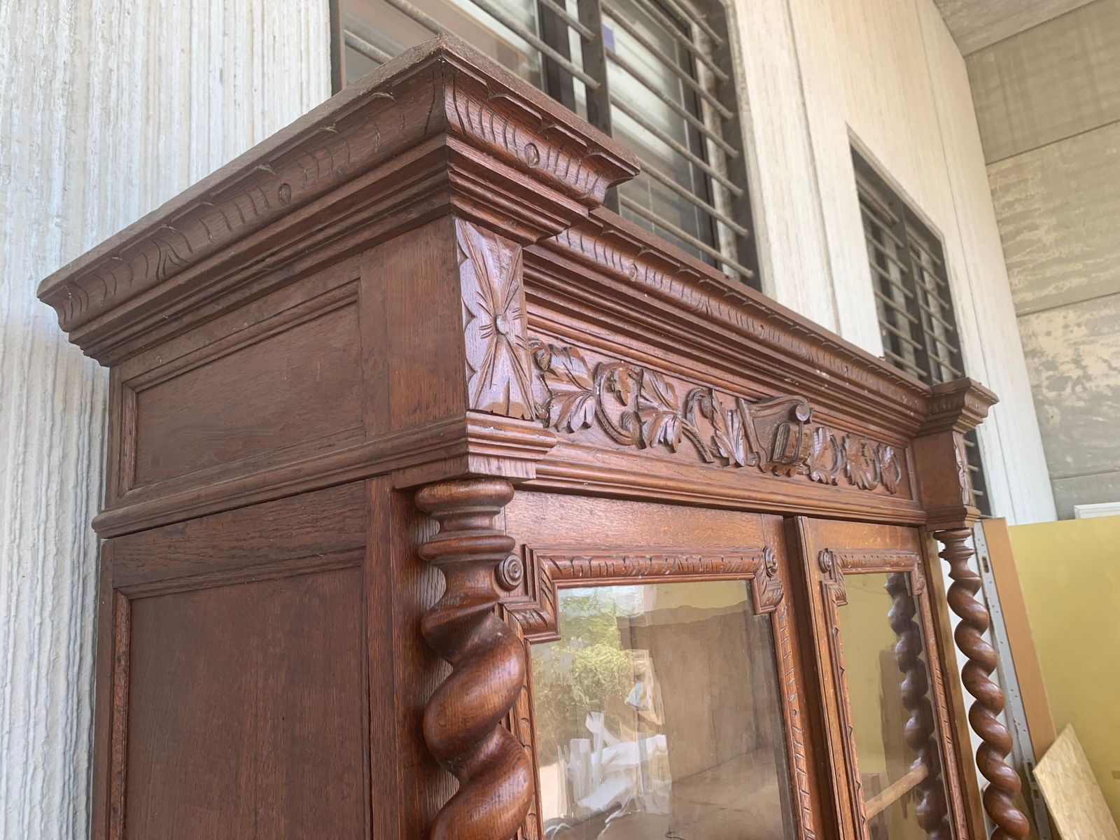 Antique French Carved Oak Vitrine Cabinet Bookcase Barley Twist Renaissance photo vinterior