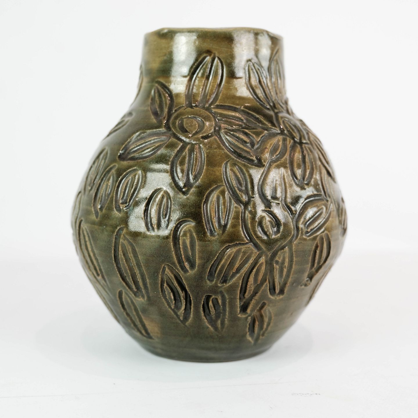 Ceramic Vase With Dark Glaze And Floral Pattern Of Danish Ceramics From The 1960s.