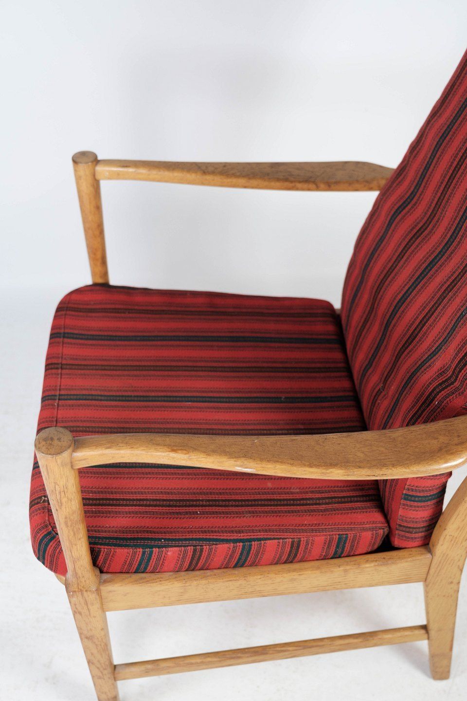 Armchair In Oak With Cushions Upholstered In Red Striped Fabric, Swedish By Bjärnums Möbelfabrik 1960s. photo vinterior