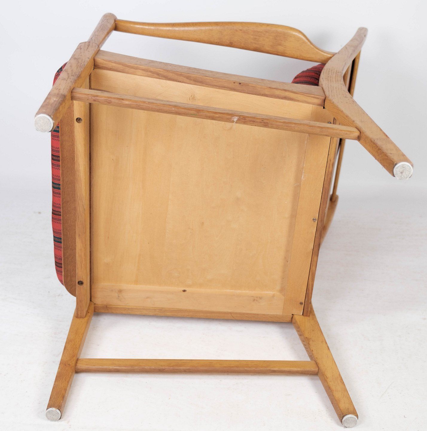 photo furniture Armchair In Oak With Cushions Upholstered In Red Striped Fabric, Swedish By Bjärnums Möbelfabrik 1960s.