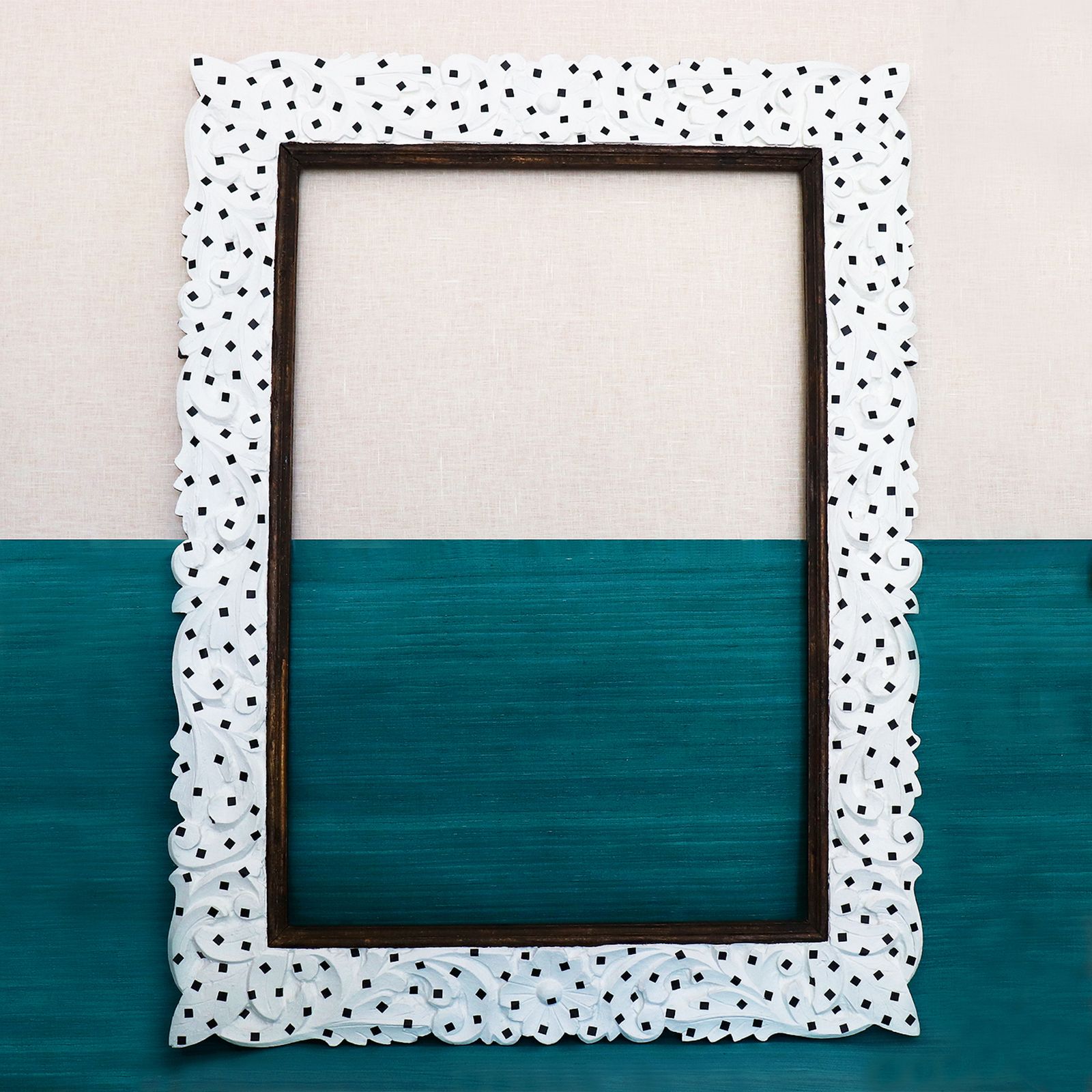 "Framed Confetti" Restyled Carved Wood Frame By Habitat Improver With White Paint And Black Paperboard Squared Confetti