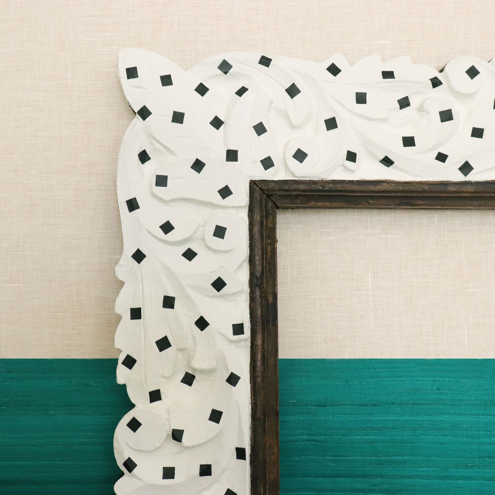 "Framed Confetti" Restyled Carved Wood Frame By Habitat Improver With White Paint And Black Paperboard Squared Confetti photo 825.0