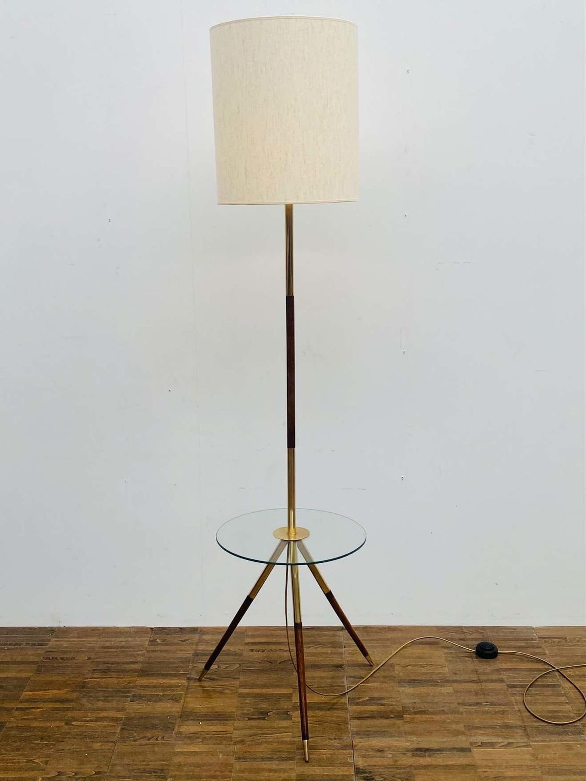 Mid Century Modern French Floorlamp, Wood & Brass And Glass