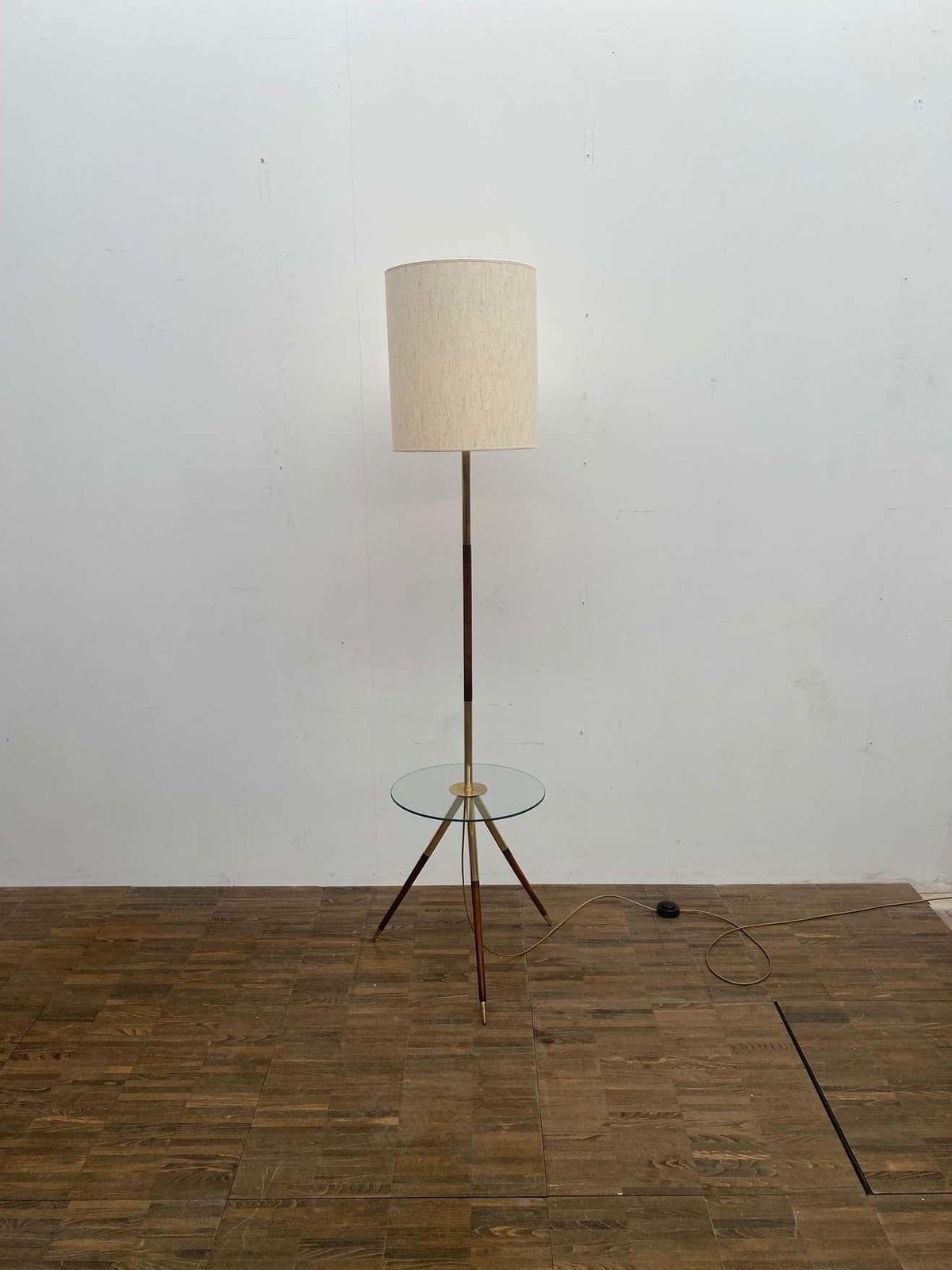 Mid Century Modern French Floorlamp, Wood & Brass And Glass photo furniture