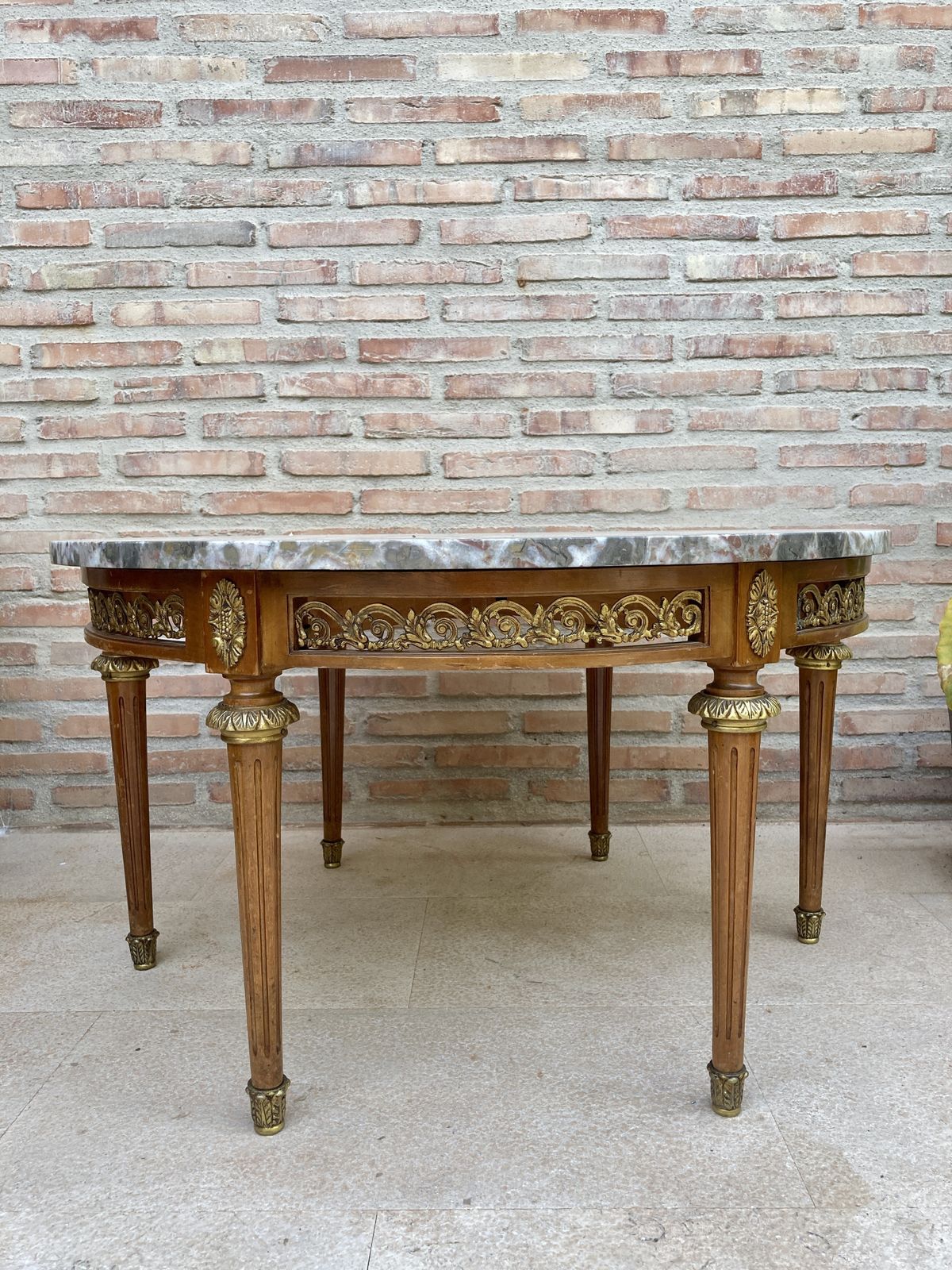 20th Century Louis XVI Style With Bronze And Round Marble French Oak Wood Table photo furniture