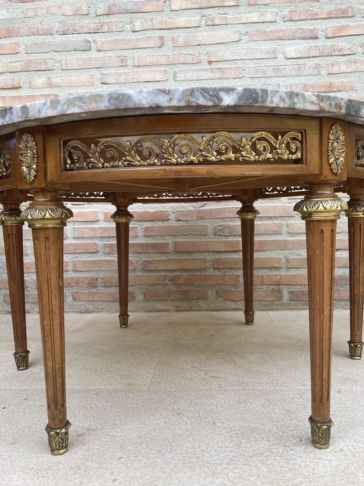 20th Century Louis XVI Style With Bronze And Round Marble French Oak Wood Table photo Furniture