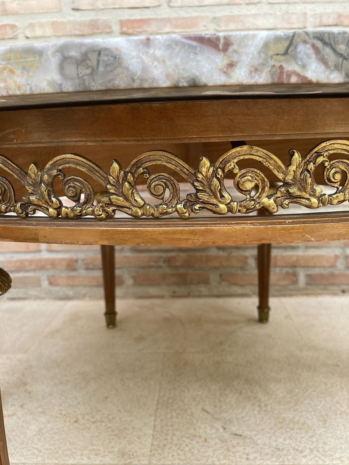 20th Century Louis XVI Style With Bronze And Round Marble French Oak Wood Table photo buy