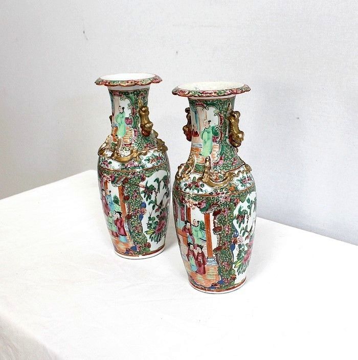 Pair Of Canton Porcelain Vases, China, Late 19th Century photo for sale