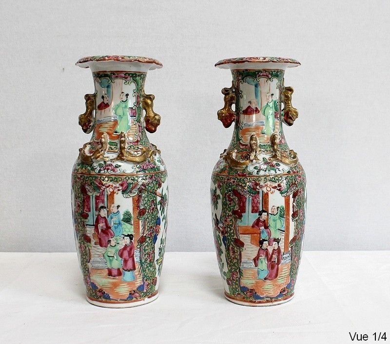 Pair Of Canton Porcelain Vases, China, Late 19th Century photo Home Decor