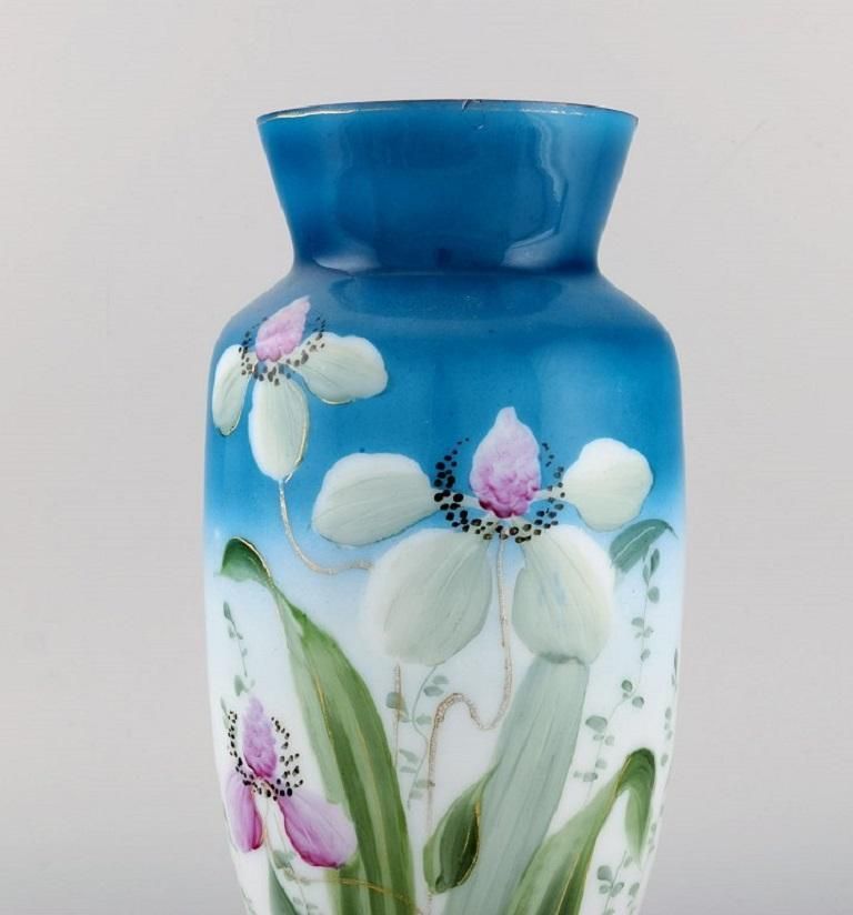 Antique Vase In Mouth Blown Opal Art Glass With Hand Painted Flowers And Foliage photo for sale