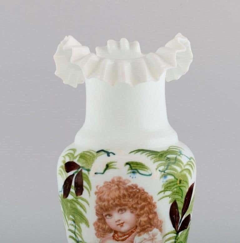 Antique Vase In Mouth Blown Opal Art Glass With A Motif Of Young Woman photo for sale