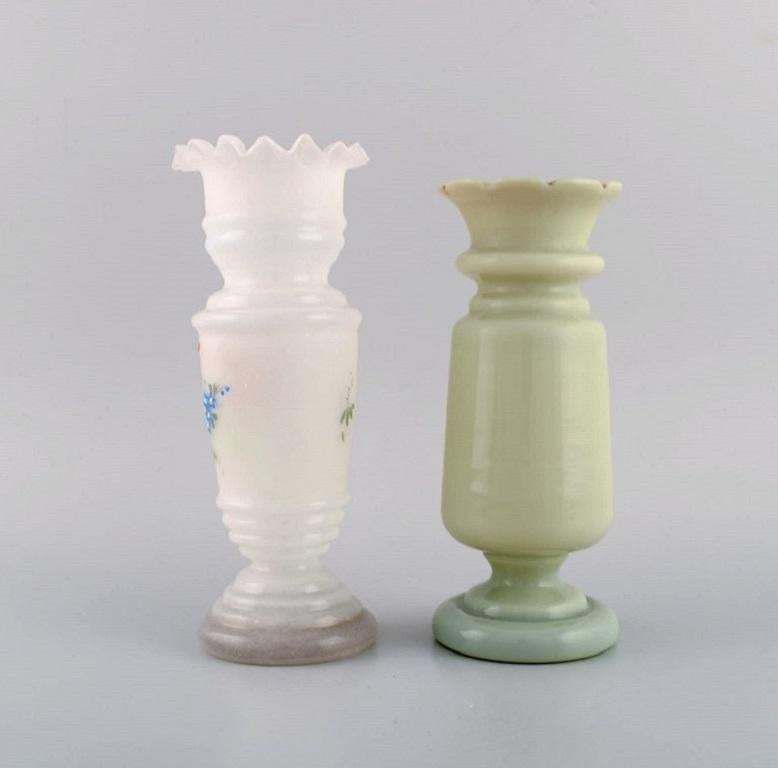 Four Antique Vases In Hand Painted Mouth Blown Opal Art Glass, Approx, 1900 photo for sale