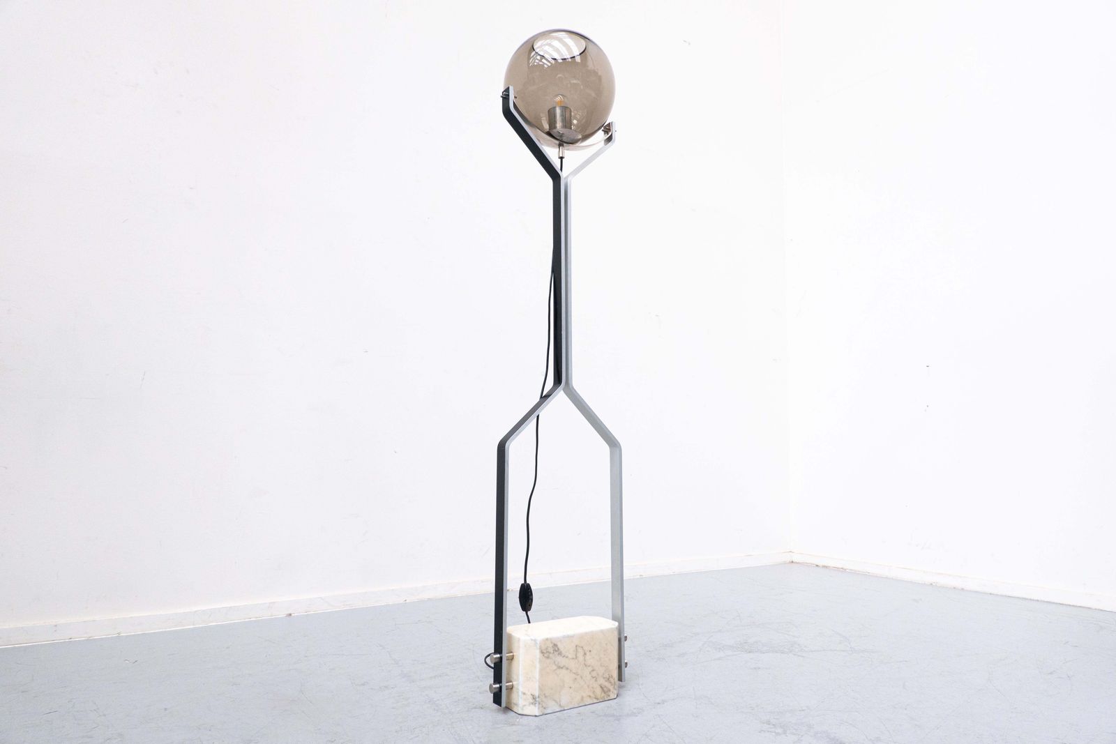 Iitalian Floor Lamp Travertine, Steel And Glass