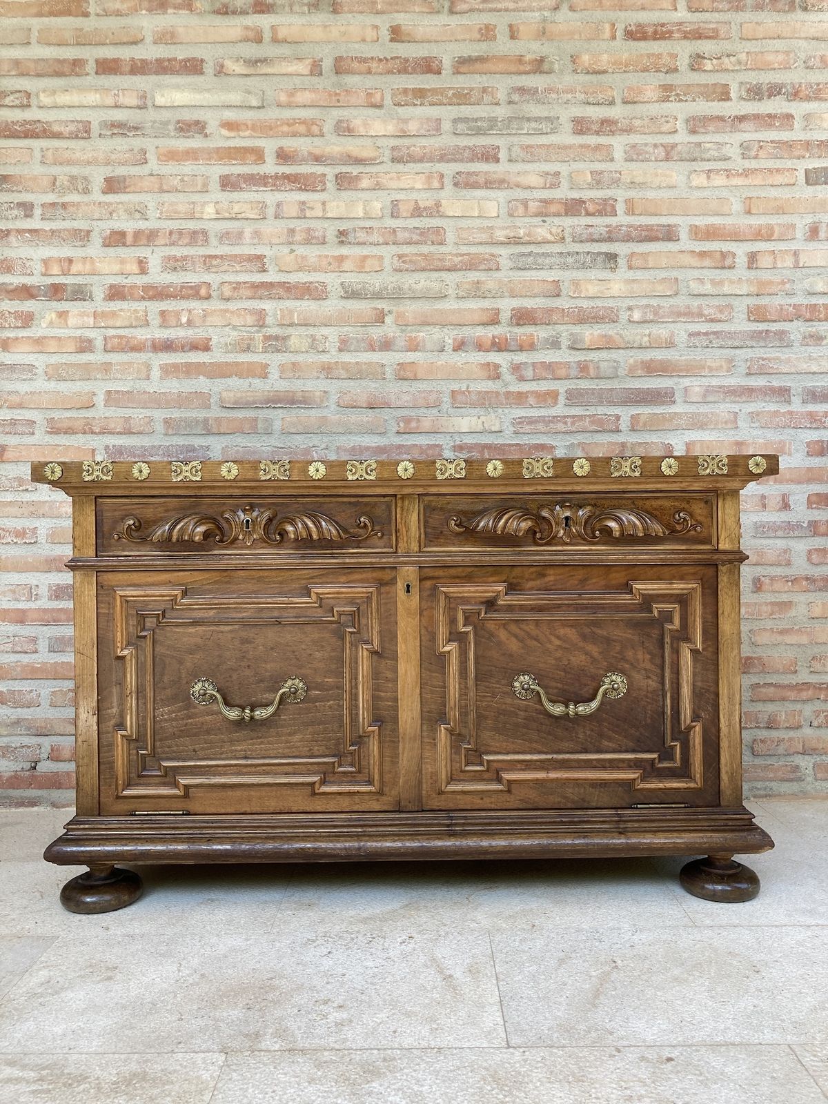 Mid 20th  Century Carved Wooden Sideboard With Two Drawers On The Waist And A Lower Door With Gilt Bronze Applications On Lentil Legs photo vinterior