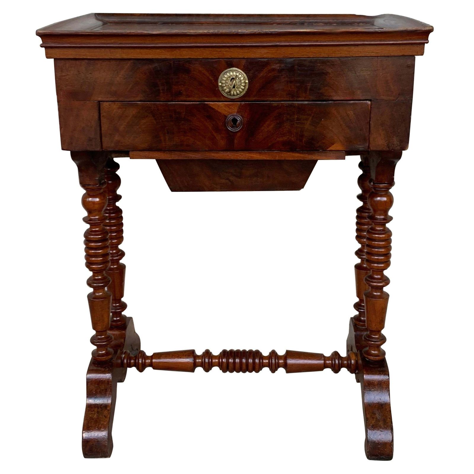 Table de couture d'époque victorienne, bois de loupe de noyer et amboyna incrusté, vers 1880