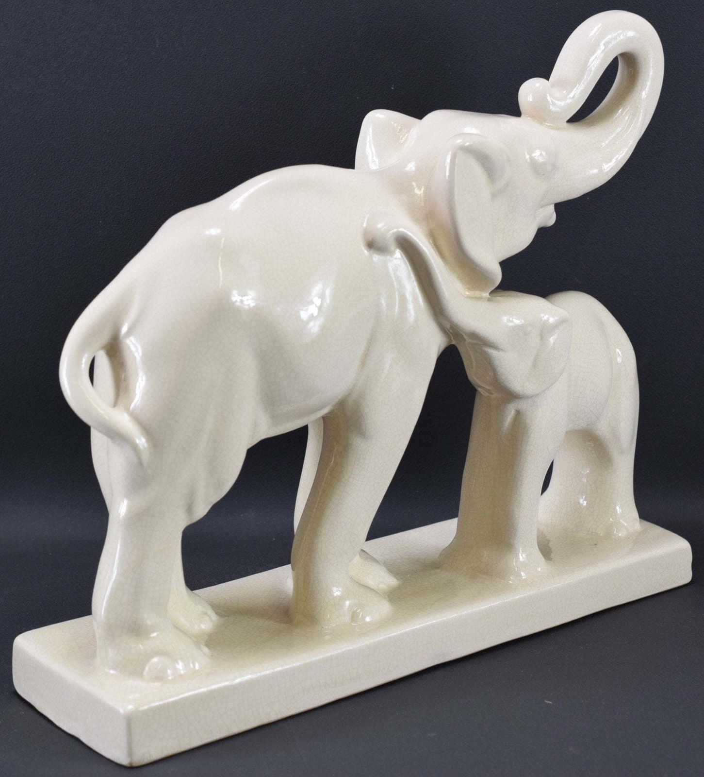 Art Deco White Ceramic Elephants Statue By Ste Radegonde Lemanceau photo vinterior