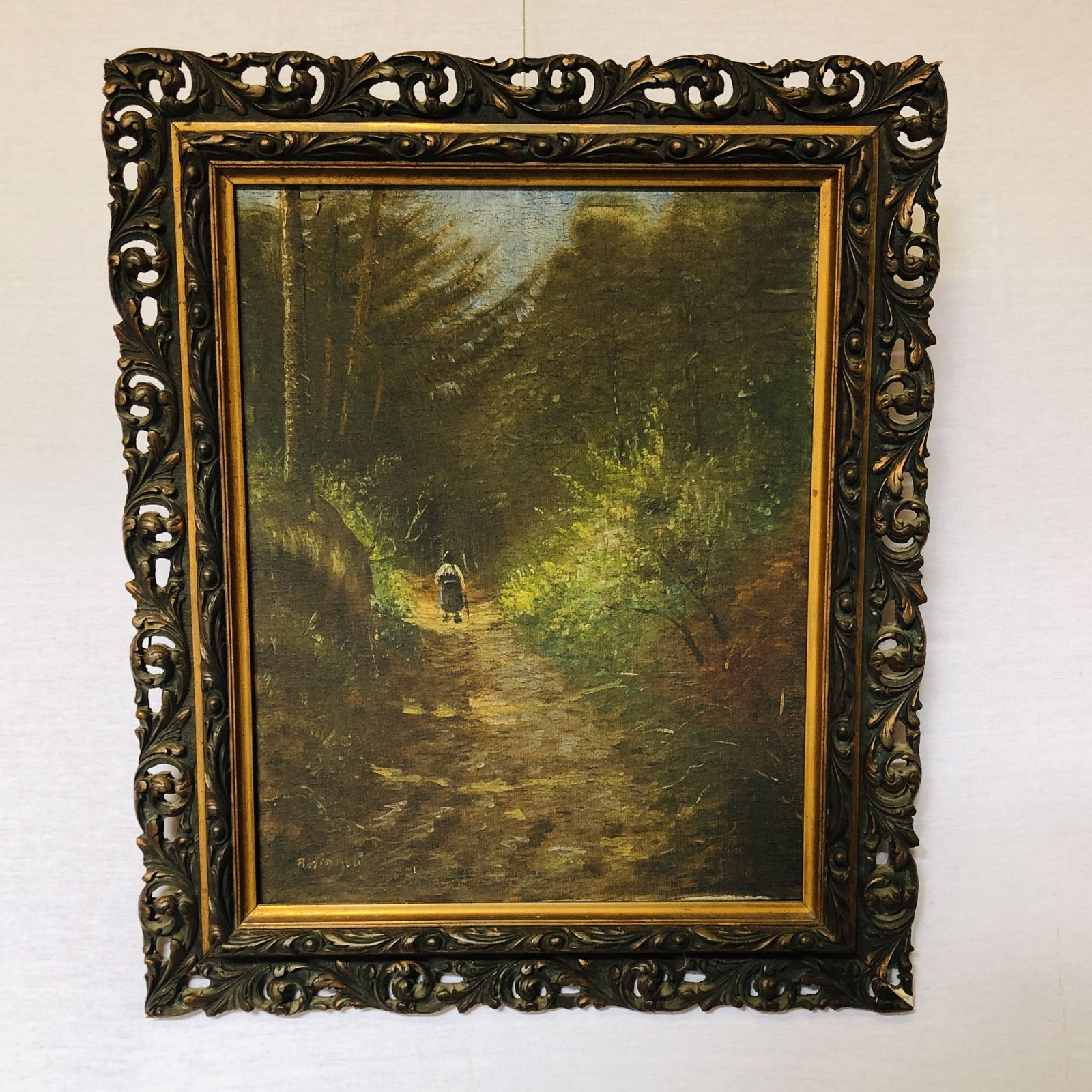 Antique Gilt Gesso Framed Oil On Canvas Signed Painting