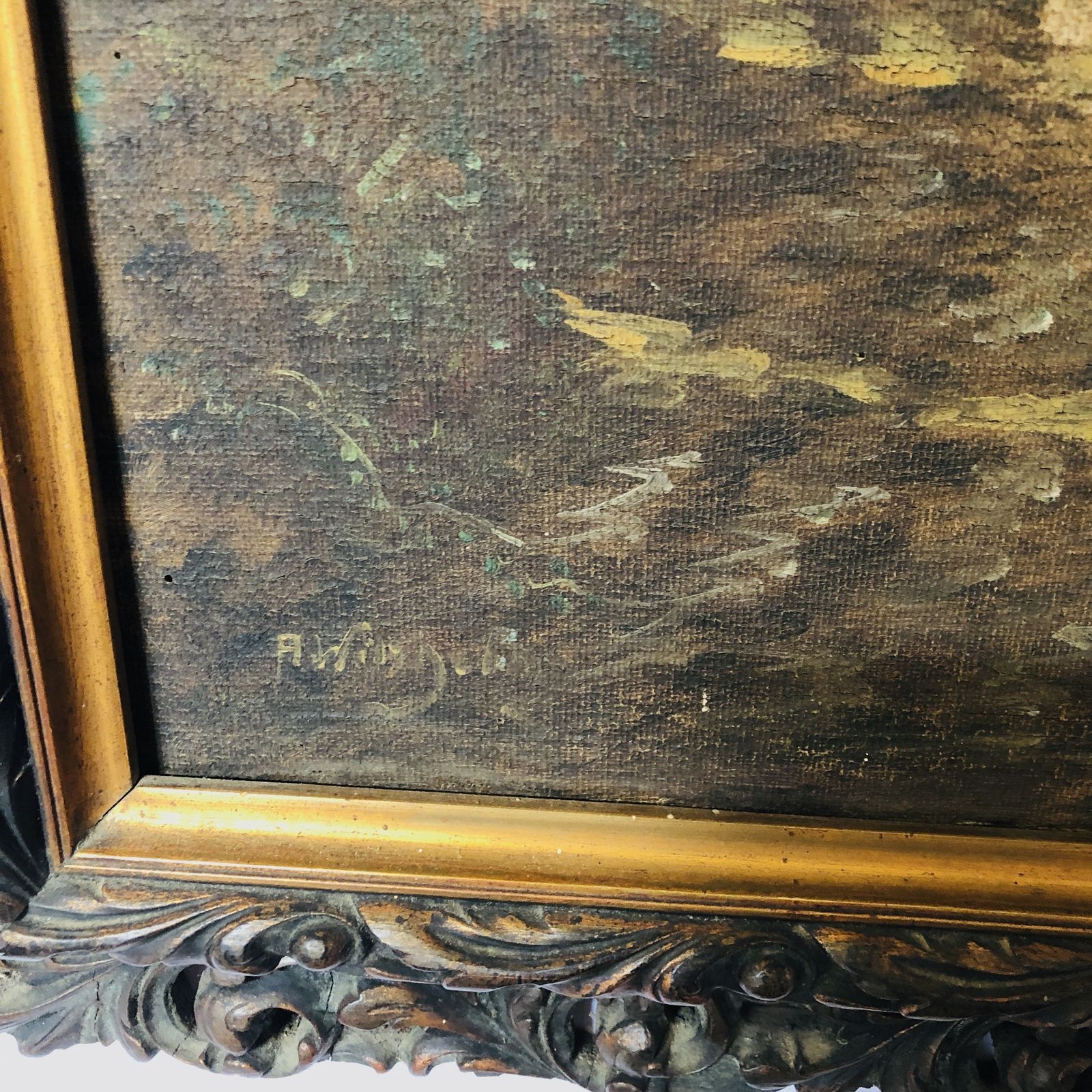 Antique Gilt Gesso Framed Oil On Canvas Signed Painting photo 325.0