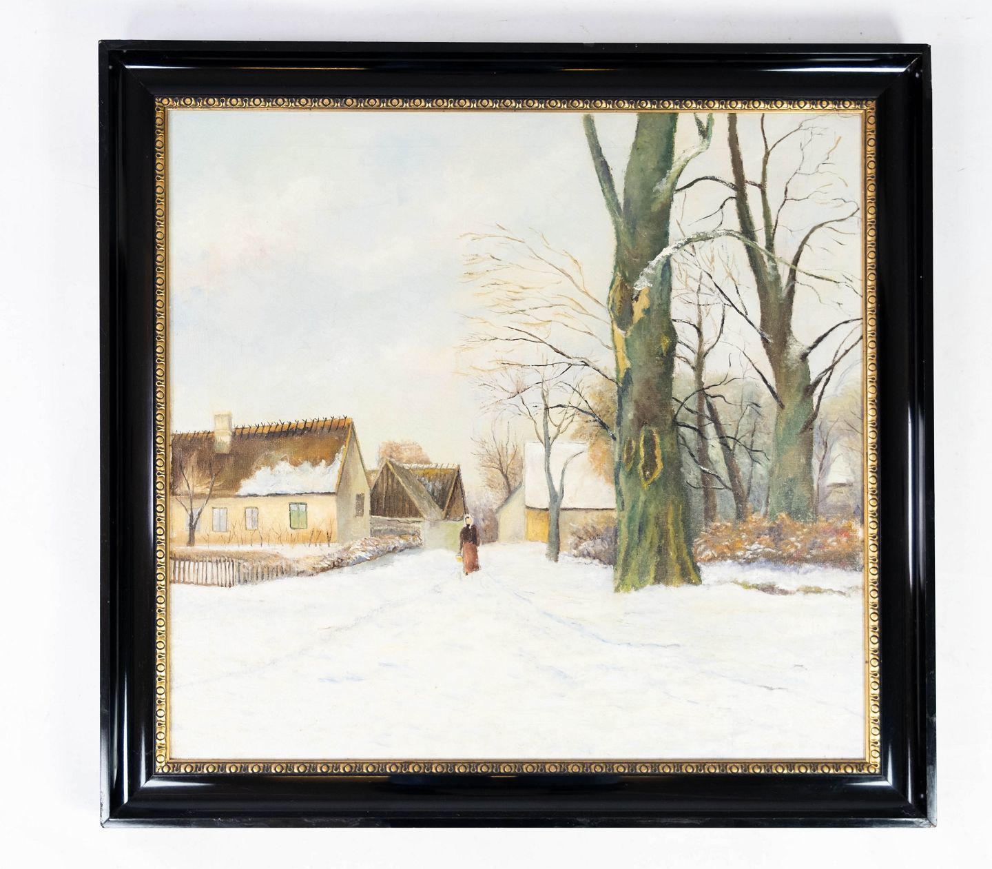 Oil Painting With Winter Motif And Black Painted Frame, Without Signature From Around 1910.