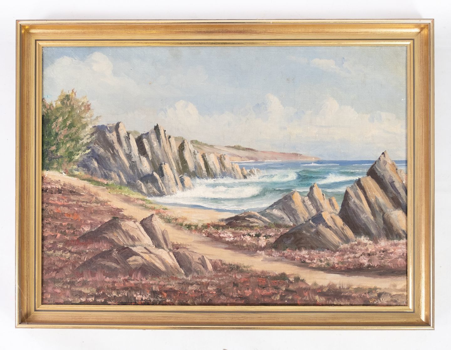 Oil Painting With Beach Motif And Gilded Frame, With Unknown Signature From The 1930s.