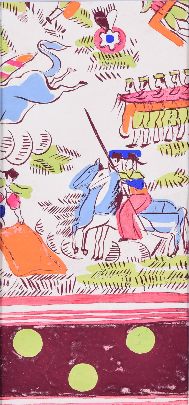 Robert Bonfils Bianchini Ferier, Art Deco Scarf Design   'Bull Fighting   Pink' (C.1920s)