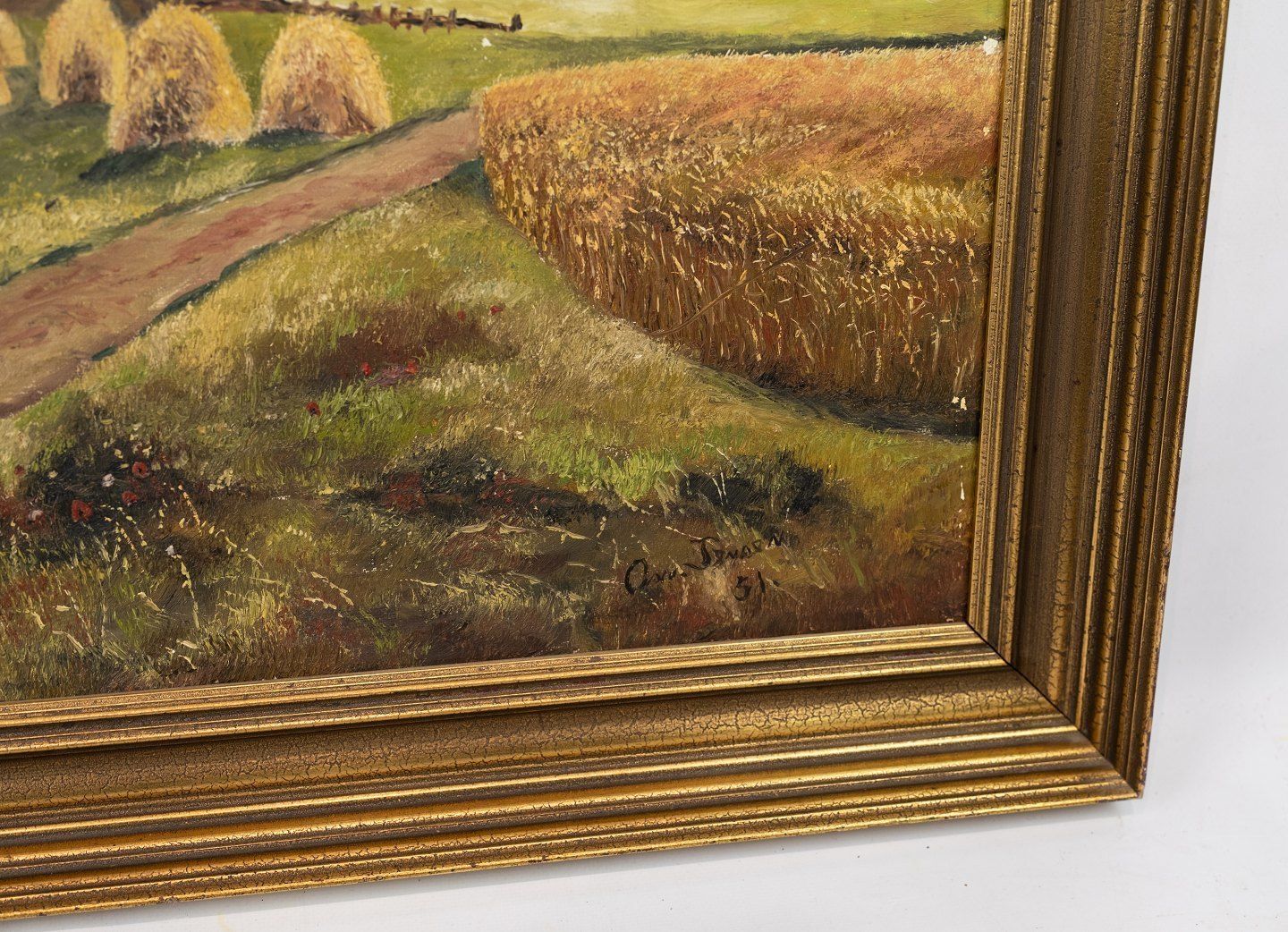 Oil Painting With Harvest Motif And Golden Frame, From 1951. photo furniture