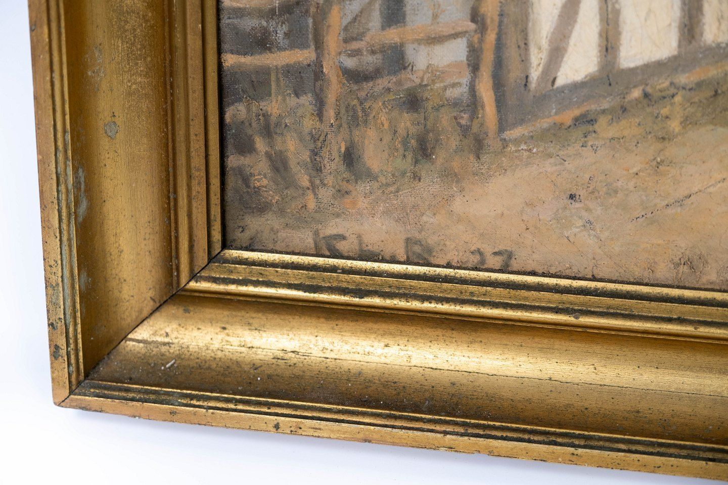 Oil Painting With Land Motif And Gilded Frame, Signed Klr 27. photo for sale