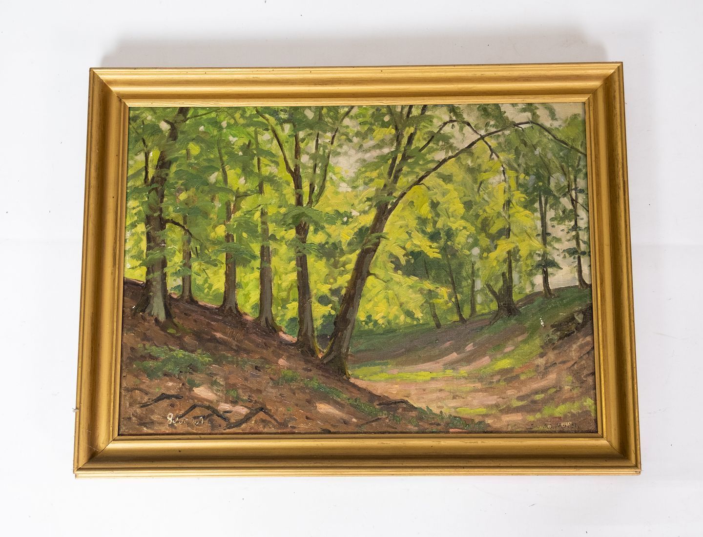 Oil Painting With Motif Of The Forest In The Spring And With Gilded Frame And Unknown Signature From The 1920s.