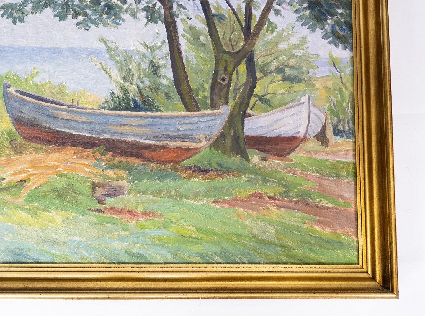 Oil Painting With Motif Of Rowboats And With Gilded Frame From The 1920s. photo furniture