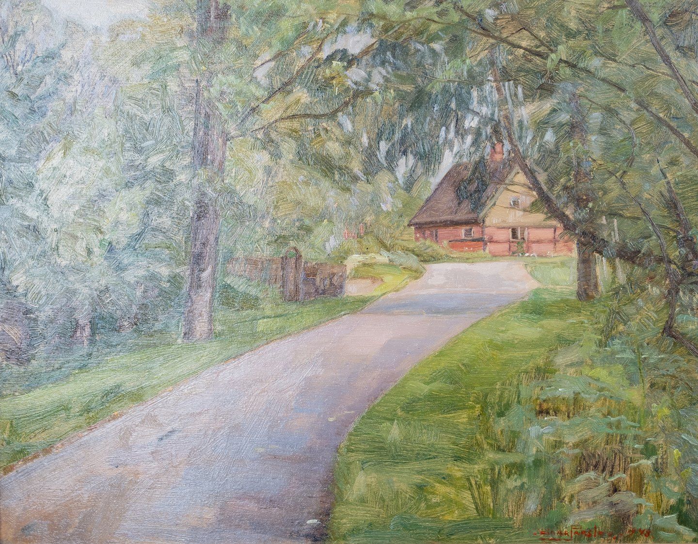 Oil Painting With  Green Motif And With Gilded Frame, From 1948 By Einar Parslev (1891 1977). photo furniture