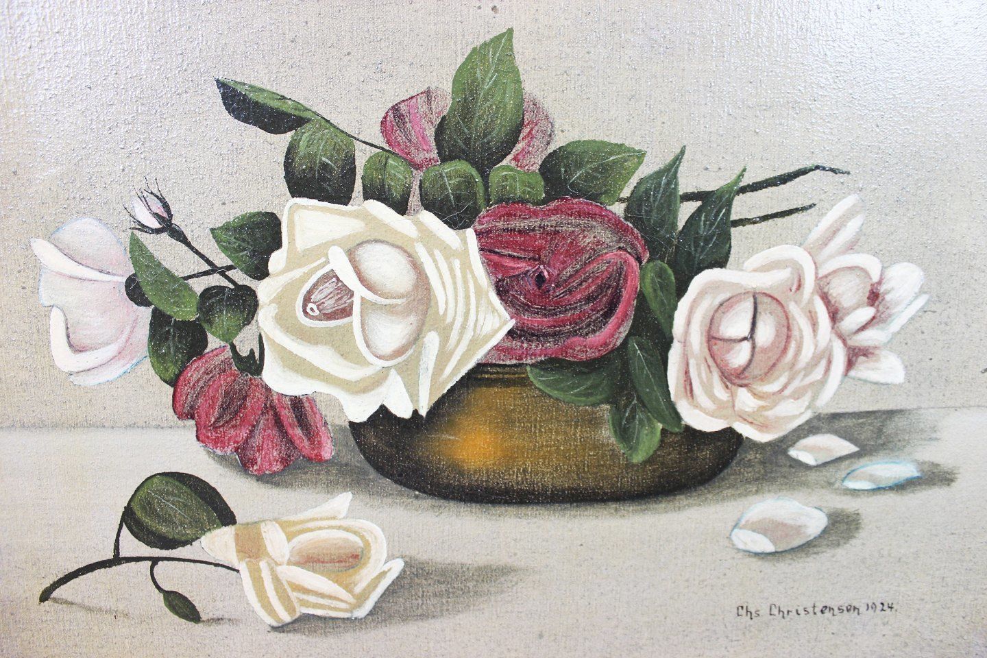 Oil Painting With Motif Of A Bouquet Of Roses Signed Chs. Christensen In 1924. photo furniture