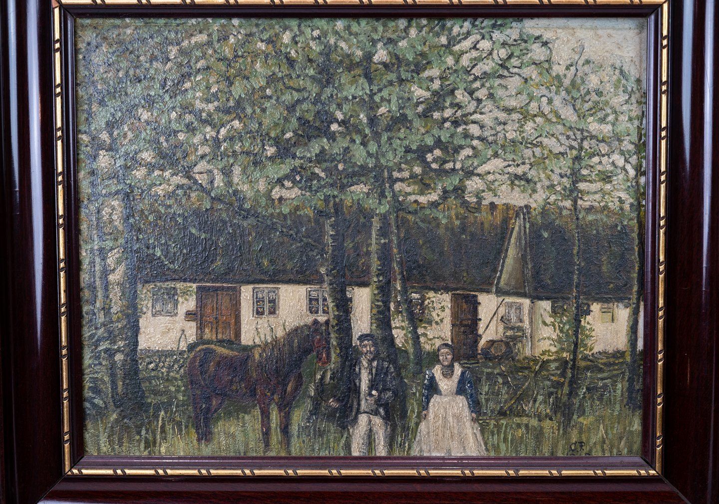 Oil Painting With Yard Motif And Dark Wooden Frame, From 1915. photo furniture