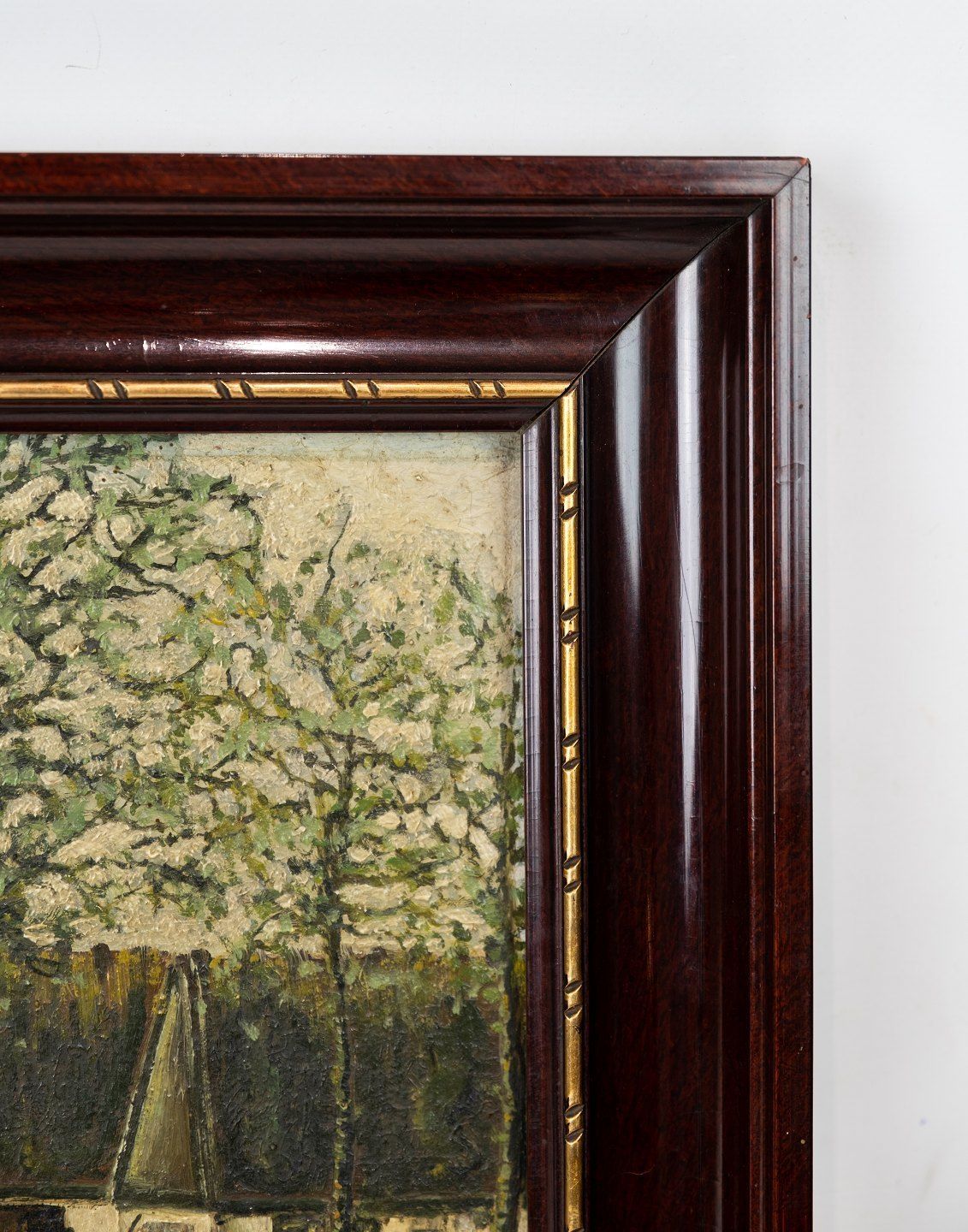 Oil Painting With Yard Motif And Dark Wooden Frame, From 1915. photo Art