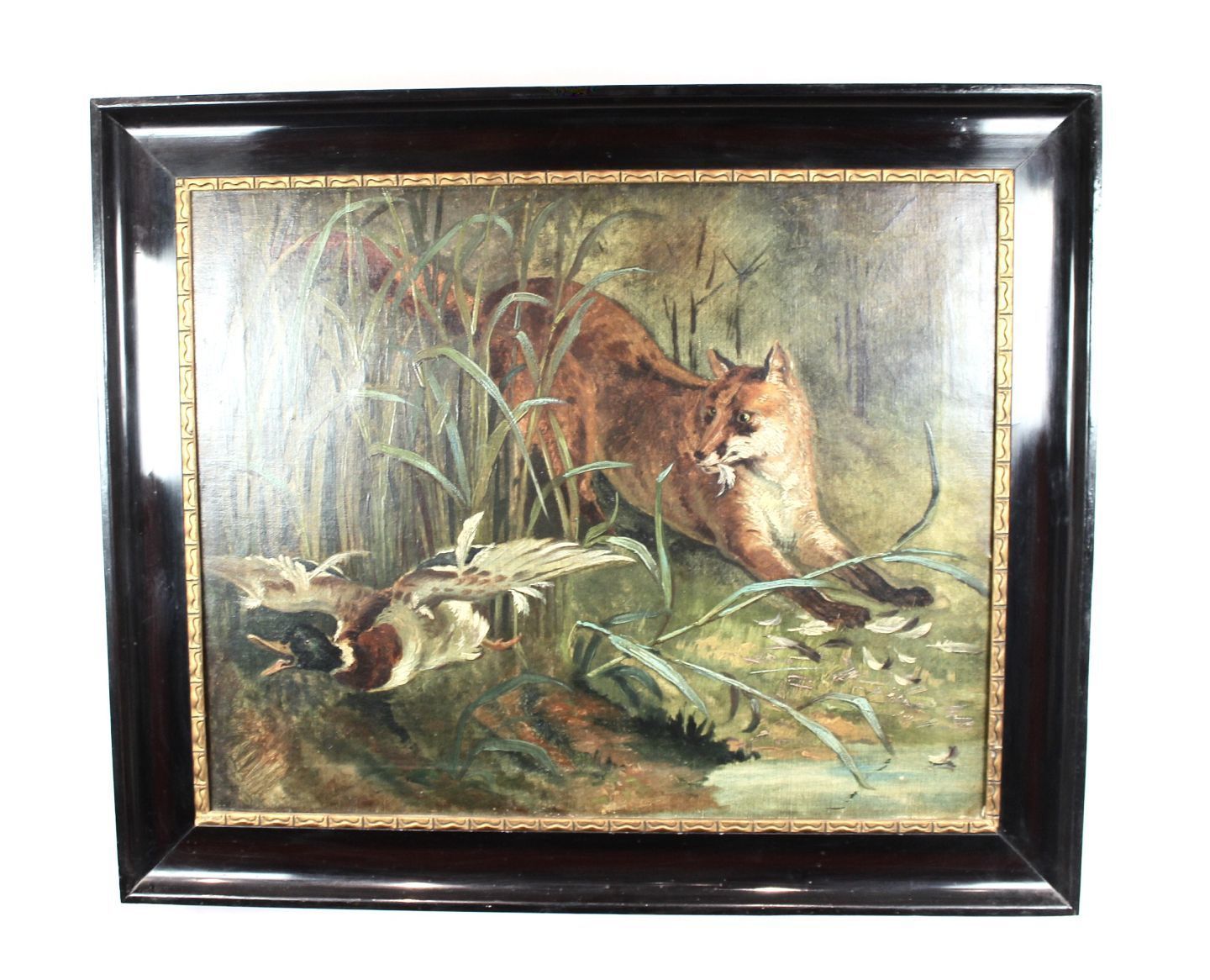 Oil Painting With Animal Motif And With Black Frame Without Signature.