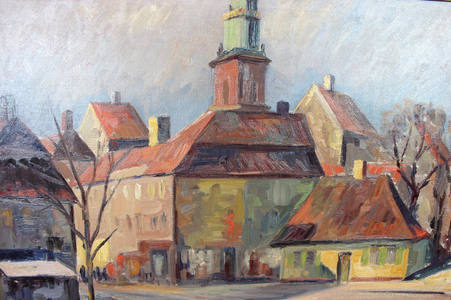 Large Oil Painting With Village Motif With Unknown Signature From 1958. photo furniture