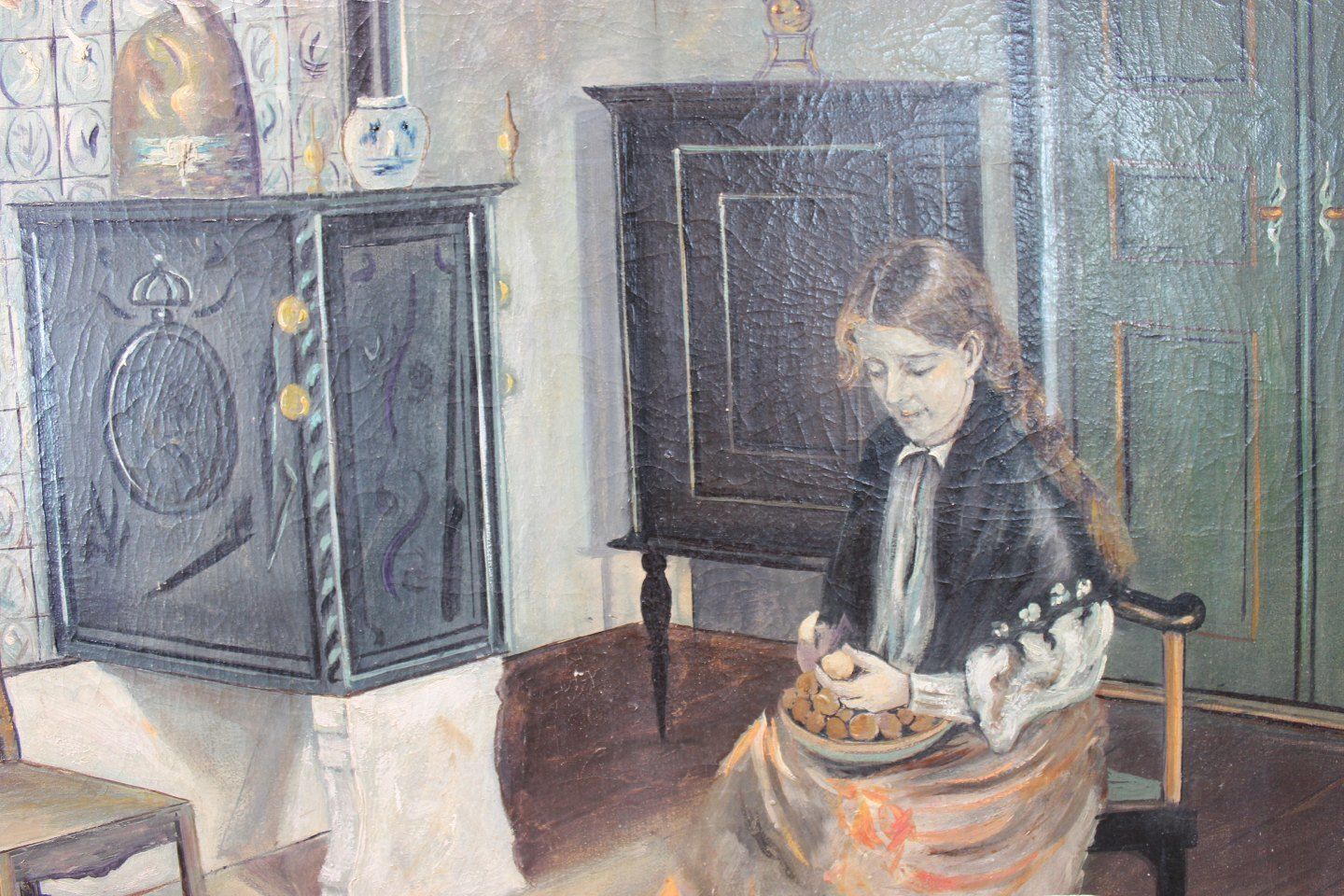 Painting With Motif Of Peasant Girl And Gold Frame Signed Hp From 1942. photo furniture