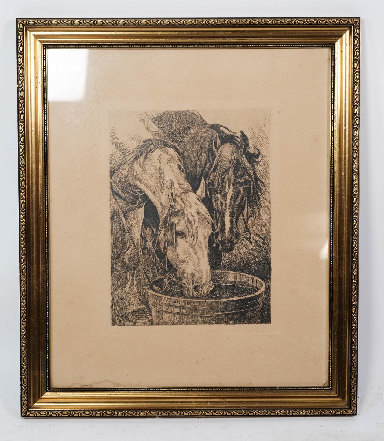 Original Erasure With Horses Motif And In Gilded Frame By Karl Hansen Reistrup 1863   1929.