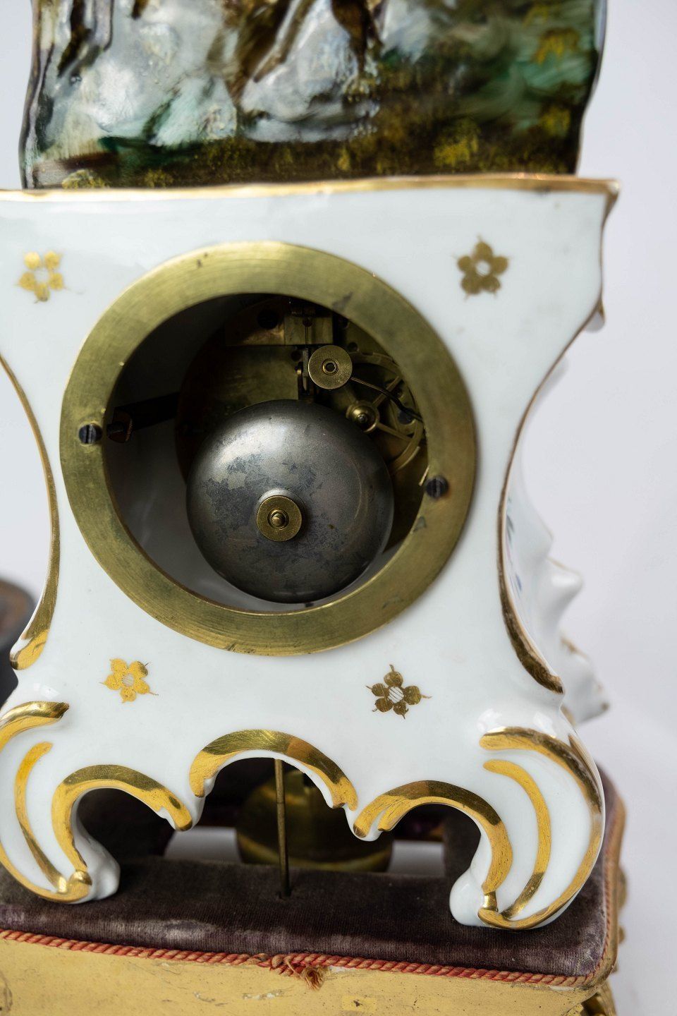 French Table Clock With Glass Dome And Decorated With Porcelain Figurine From 1860. photo vinterior